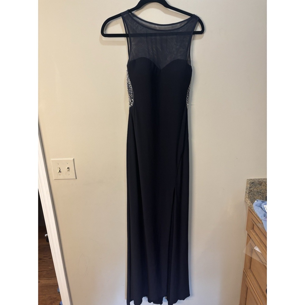 Betsy & Adam Black Formal Gown Sz 6 Mesh Back Pearl‎ Detail Prom/Mother of Bride